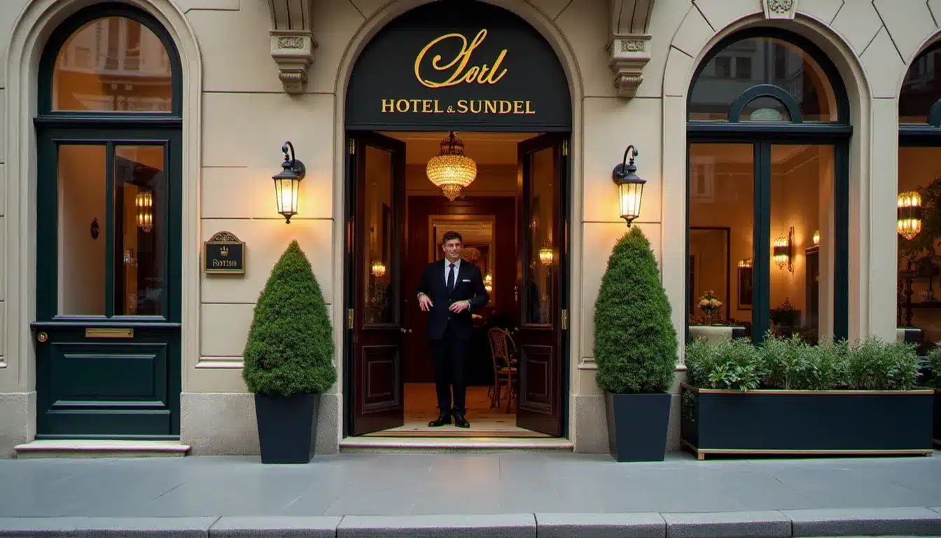 Façade d'un hôtel établissement classé en centre-ville français, lumière dorée de fin de journée, entrée avec portier en uniforme