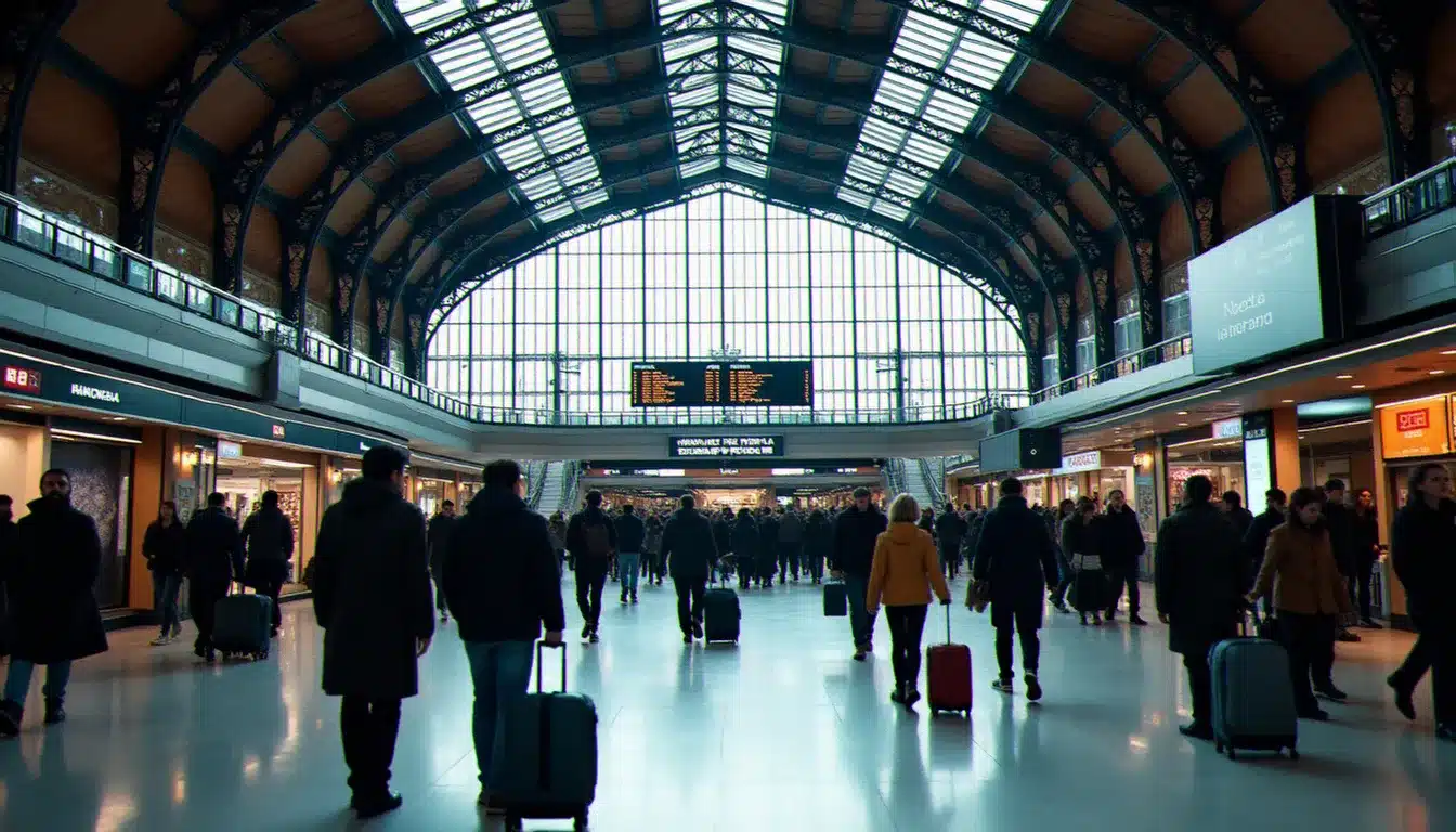 Hall principal de la gare Saint-Lazare à Paris avec voyageurs et valises, point de départ idéal depuis l'hôtel France Albion Paris situé à 200 mètres
