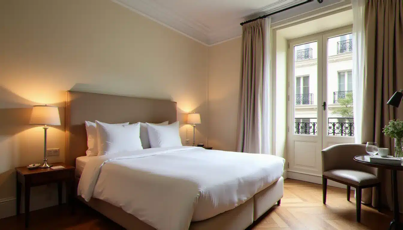 Chambre double d'un hôtel parisien 3 étoiles propre et bien aménagée, avec parquet et fenêtre donnant sur cour intérieure, illustrant le confort des chambres de l'hôtel France Eiffel