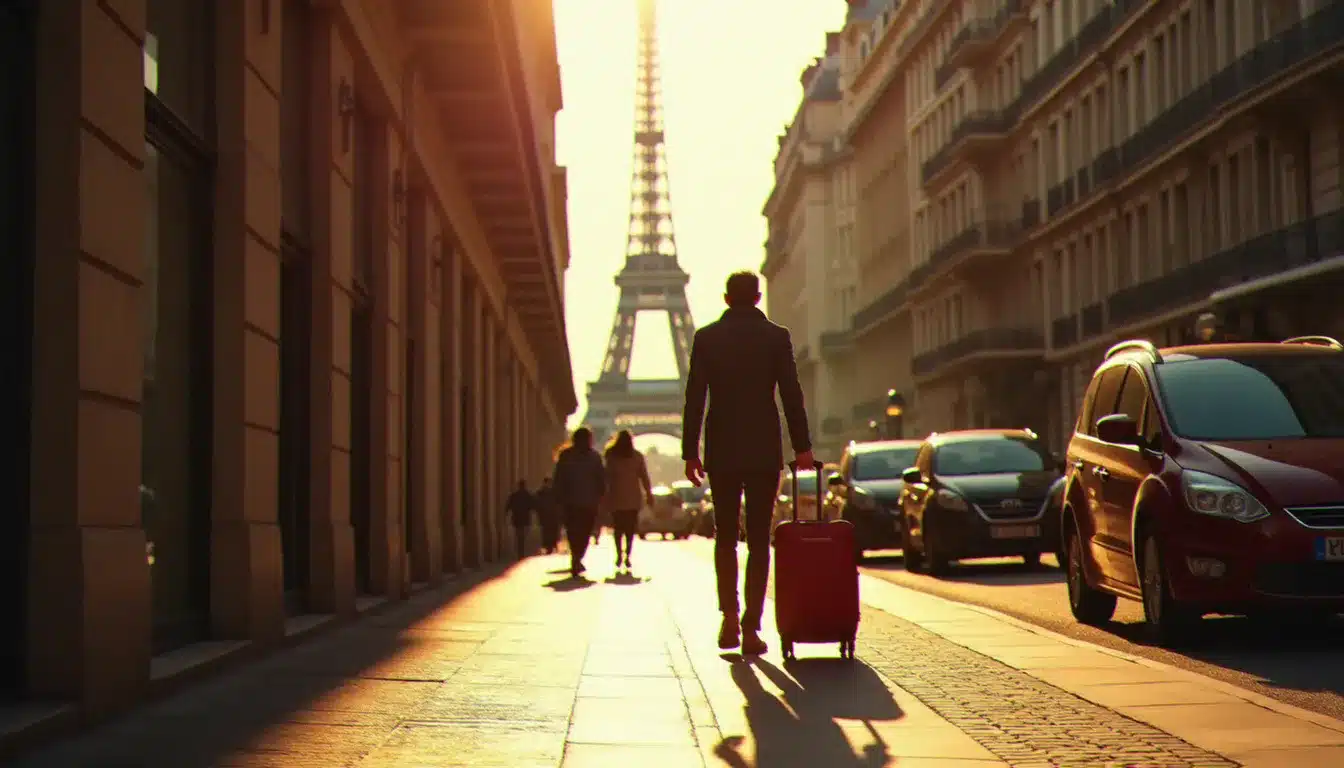 Voyageur avec valise dans une rue calme du 7e arrondissement de Paris, avec un aperçu de la Tour Eiffel en arrière-plan, illustrant l'emplacement idéal de l'hôtel France Eiffel pour les touristes