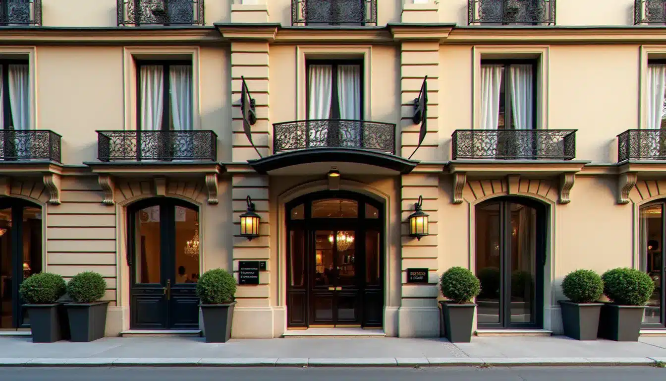 Façade d'un hôtel de style haussmannien dans le 7e arrondissement de Paris, proche de la Tour Eiffel, illustrant le type d'établissement de l'hôtel France Eiffel