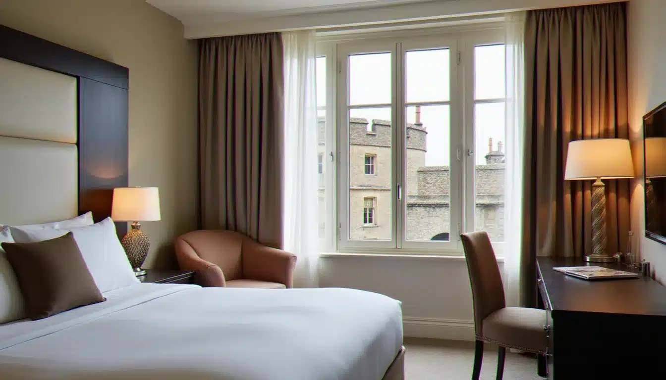 Chambre d'hotel lumineuse avec vue sur les remparts