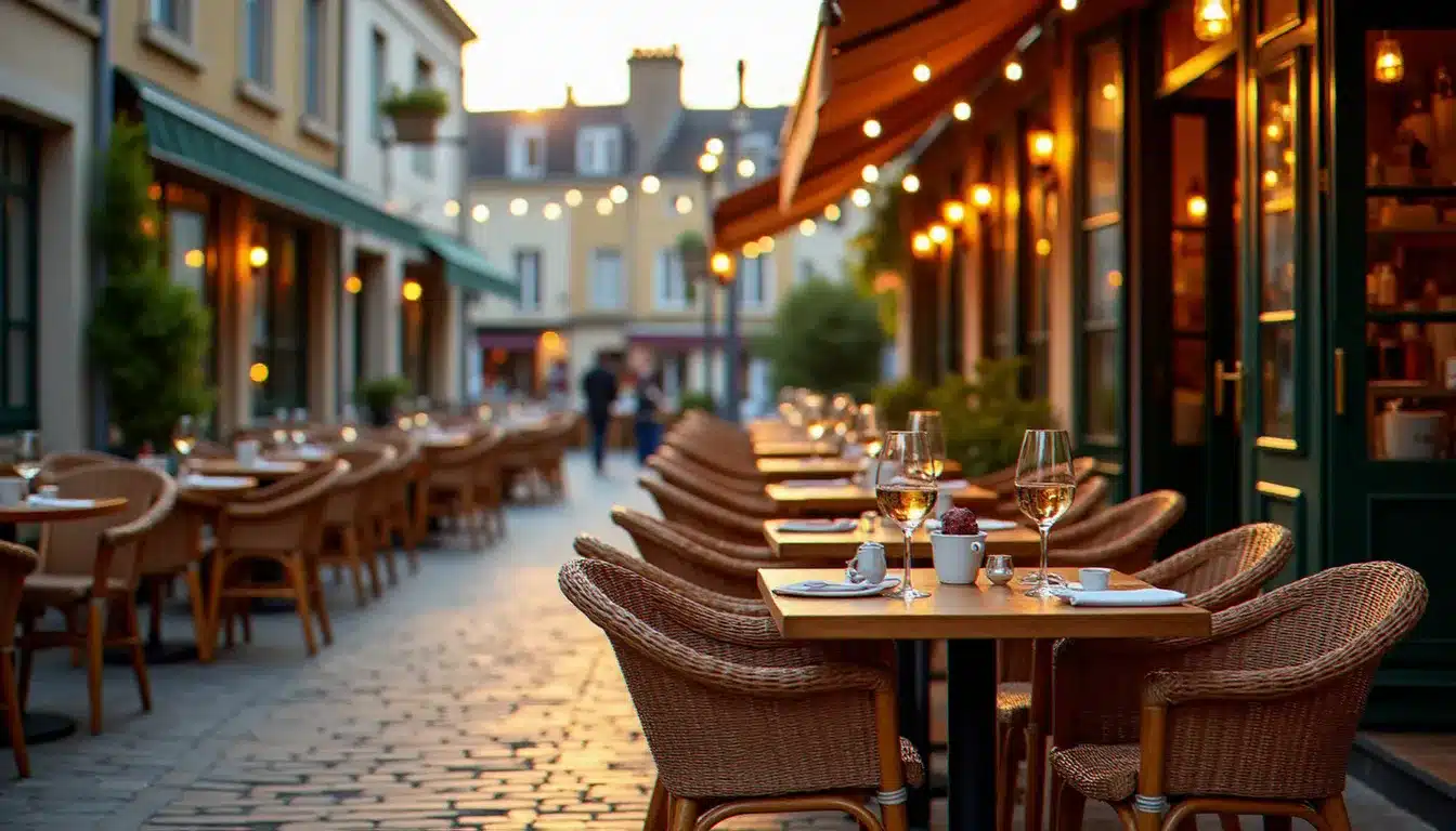 Terrasse du bar de l'hôtel France et Chateaubriand sur la place Chateaubriand à Saint-Malo, ambiance estivale en soirée avec tables en bois et bâtiments en granit en arrière-plan