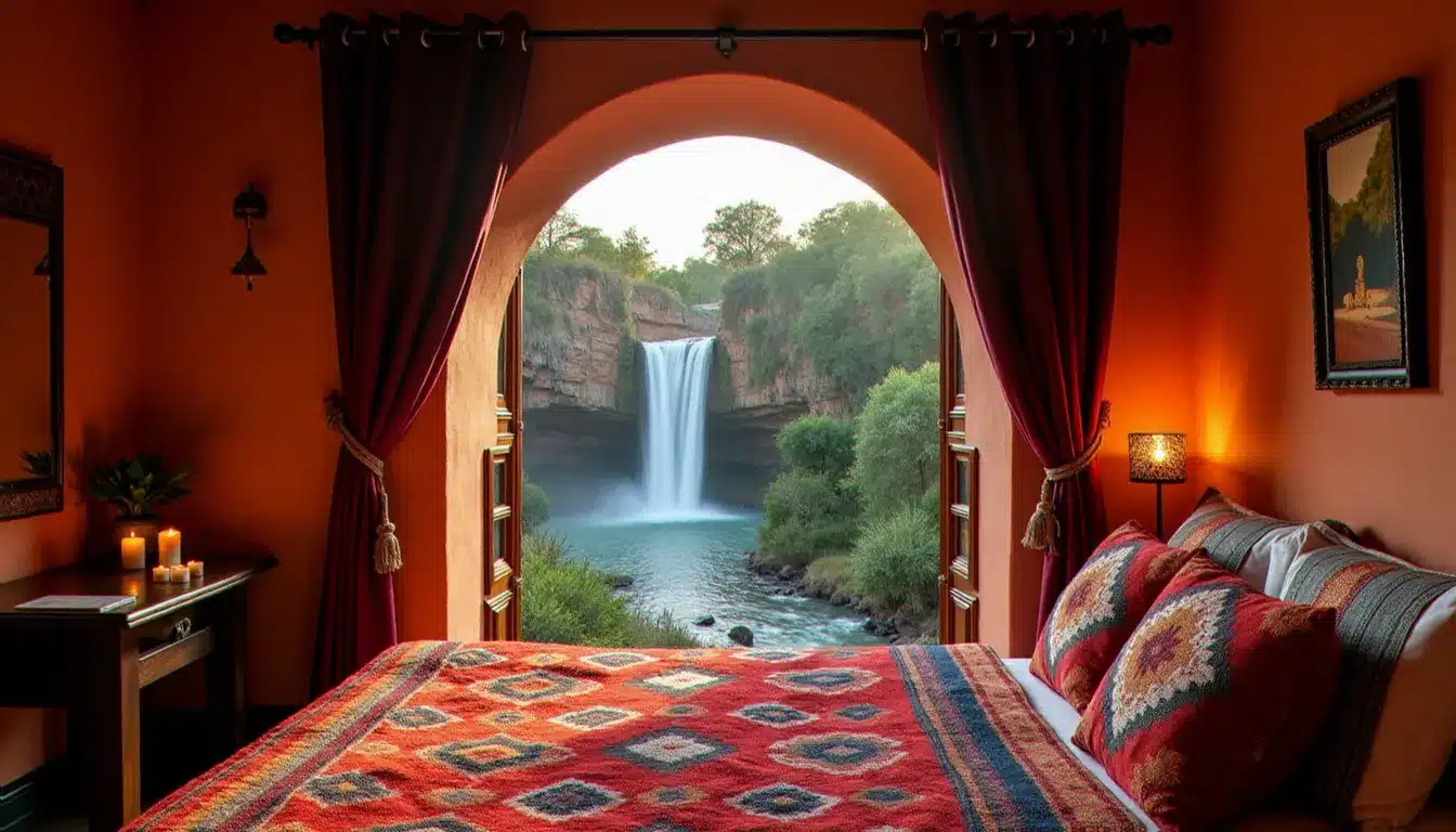 Chambre de gîte traditionnel avec vue sur les cascades d'Ouzoud, type d'hébergement typique pour les visiteurs séjournant sur place