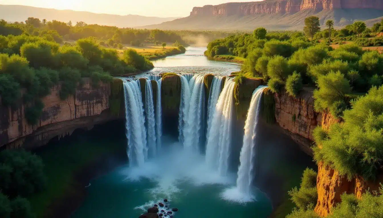 Vue aérienne des cascades d'Ouzoud au Maroc, chutes en trois paliers au cœur d'une gorge verdoyante — destination phare pour les voyageurs partant de France