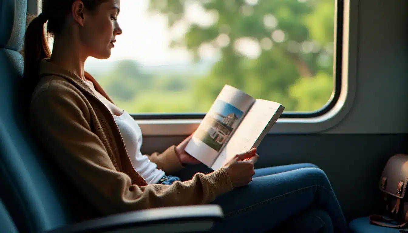 Voyageur consultant un guide hôtelier imprimé dans un compartiment de train, illustrant l'utilisation d'un hotel guide book sans connexion internet