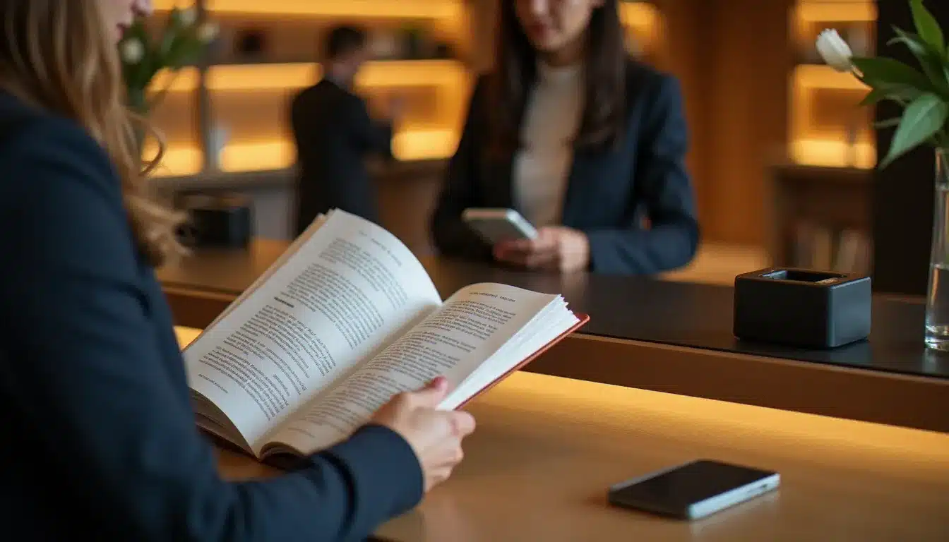Voyageur à la réception d'un hôtel boutique consultant simultanément un guide imprimé et son smartphone pour vérifier les informations d'hébergement