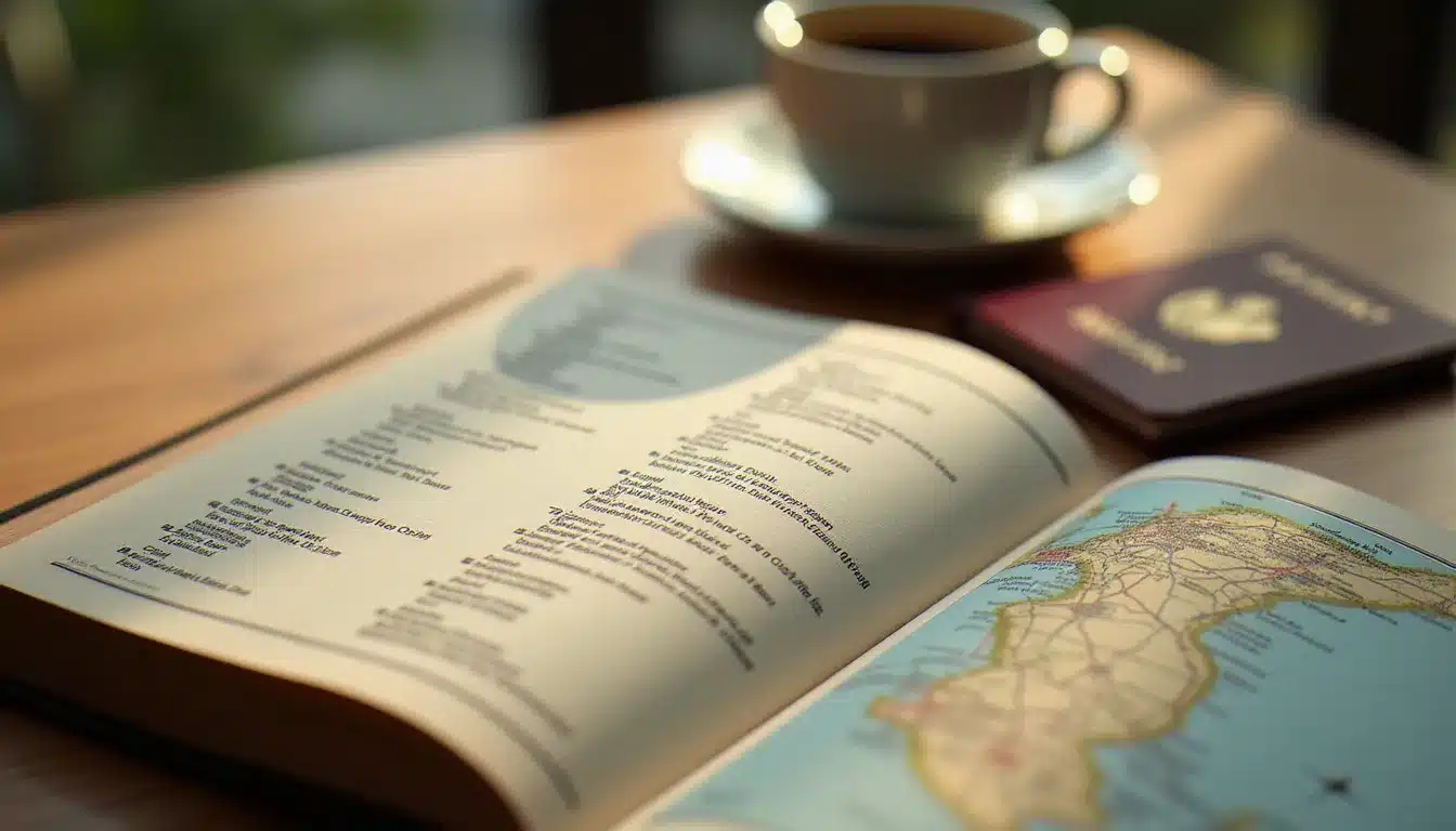 Guide hôtelier ouvert sur une table en bois avec une tasse de café et un passeport, illustrant la préparation d'un voyage avec un hotel guide book