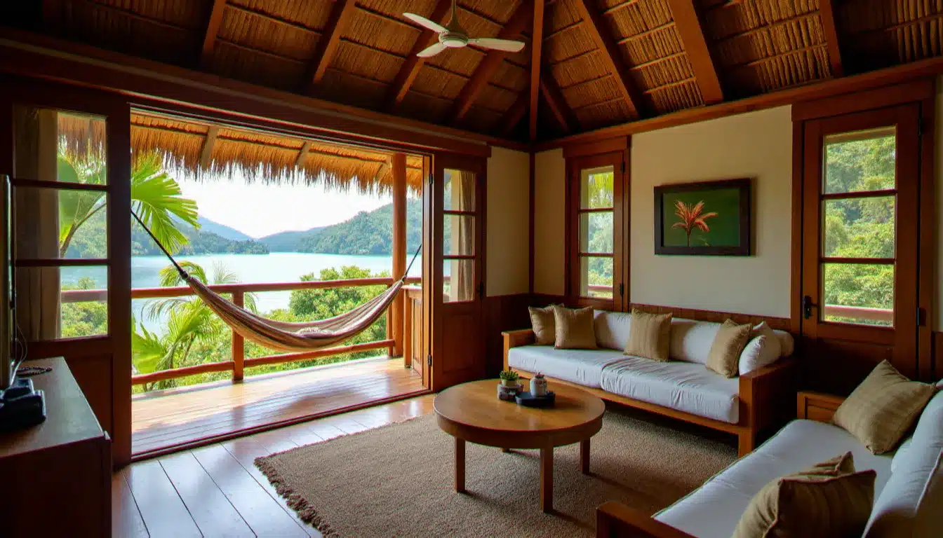 Intérieur d'une cabaña de l'hôtel Ha a Ïtza avec hamac en terrasse surplombant le lac Petén Itzá et décoration en matériaux naturels locaux