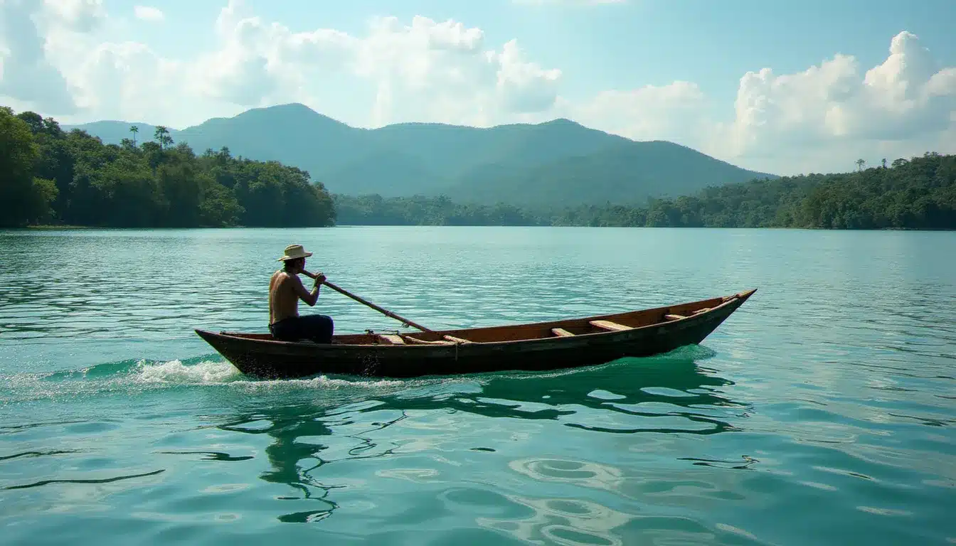 Bateau taxi traversant le lac Petén Itzá vers la rive nord depuis l'île de Flores, avec la forêt tropicale du Péten en arrière-plan
