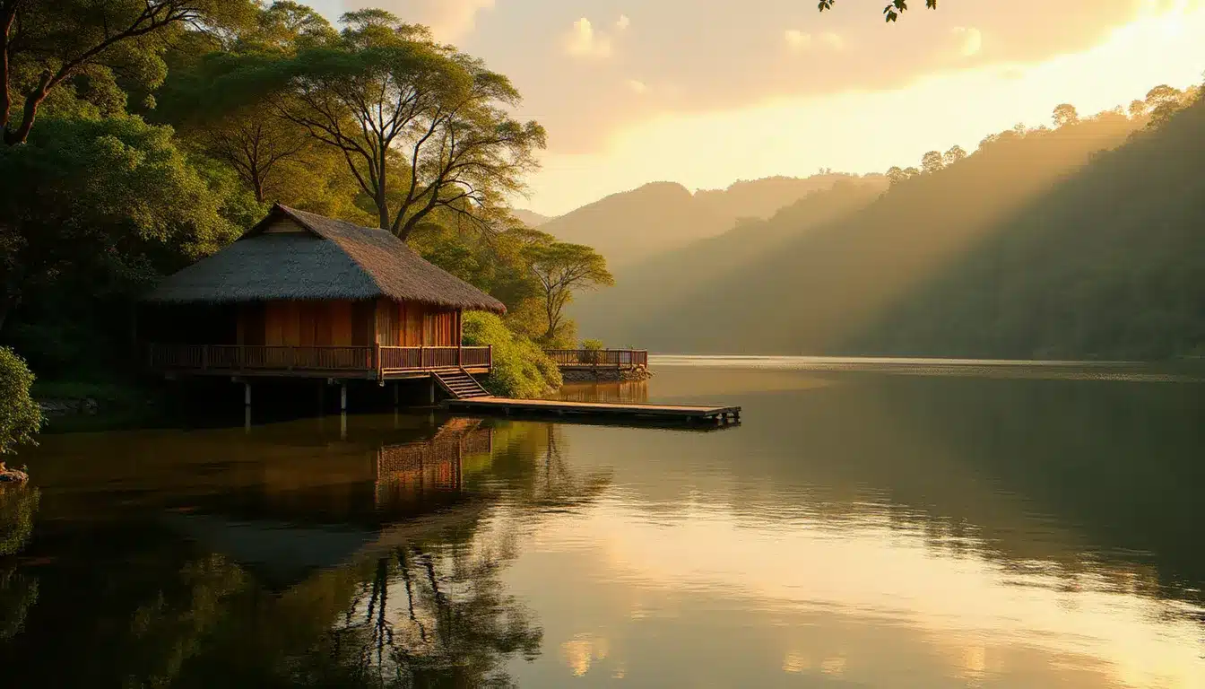 Vue de l'hôtel Ha a Ïtza depuis la rive du lac Petén Itzá au Guatemala, avec ses bungalows en bois et toits de palme au coucher du soleil