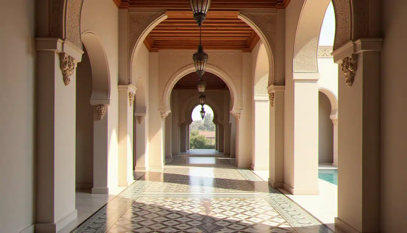 Couloir intérieur richement décoré de l'hôtel La Mamounia avec zelliges traditionnels et stucs sculptés à la main
