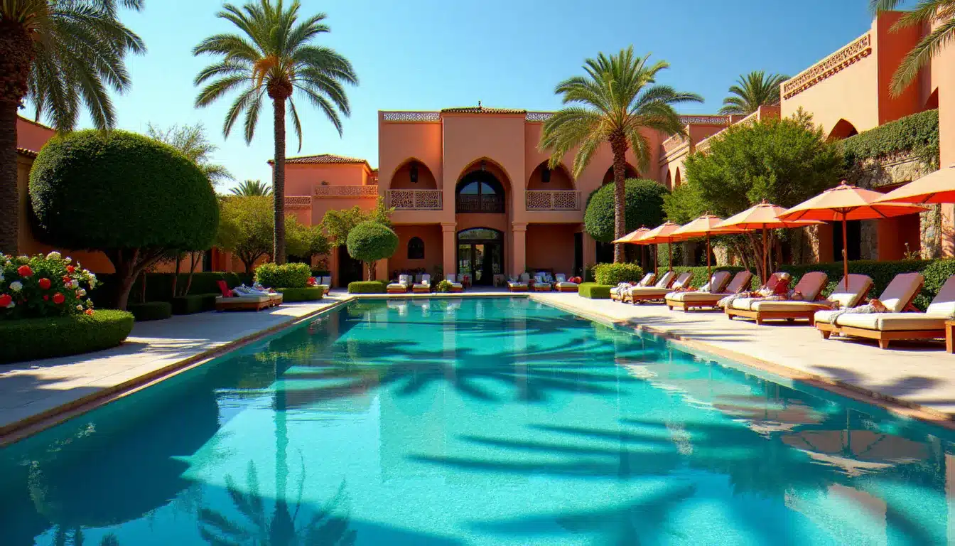 Piscine extérieure chauffée de l'hôtel La Mamounia entourée de jardins fleuris avec rosiers et orangers, ambiance palace marocain
