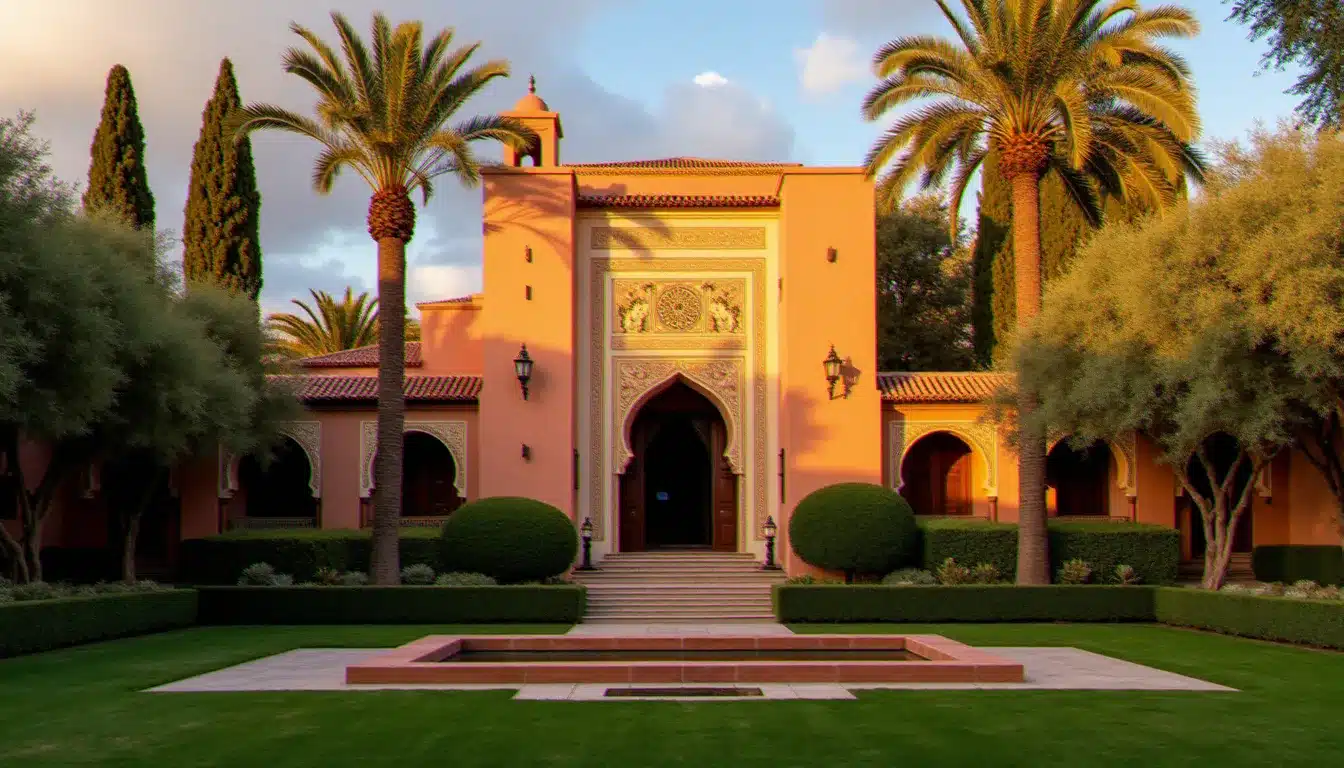 Vue extérieure de l'hôtel La Mamounia à Marrakech au coucher de soleil, avec ses jardins historiques et son architecture mauresque caractéristique