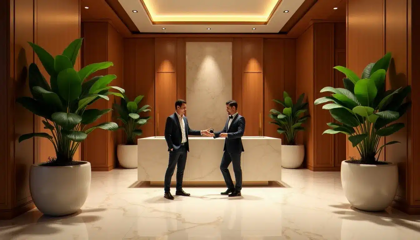 Hall d'entrée d'un palace de luxe avec boiseries et mobilier haut de gamme, ambiance raffinée caractéristique des hôtels du groupe LVMH