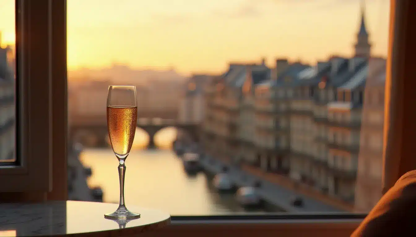 Vue depuis une suite de palace parisien sur la Seine au coucher du soleil, illustrant l'expérience d'un séjour grand luxe à Paris
