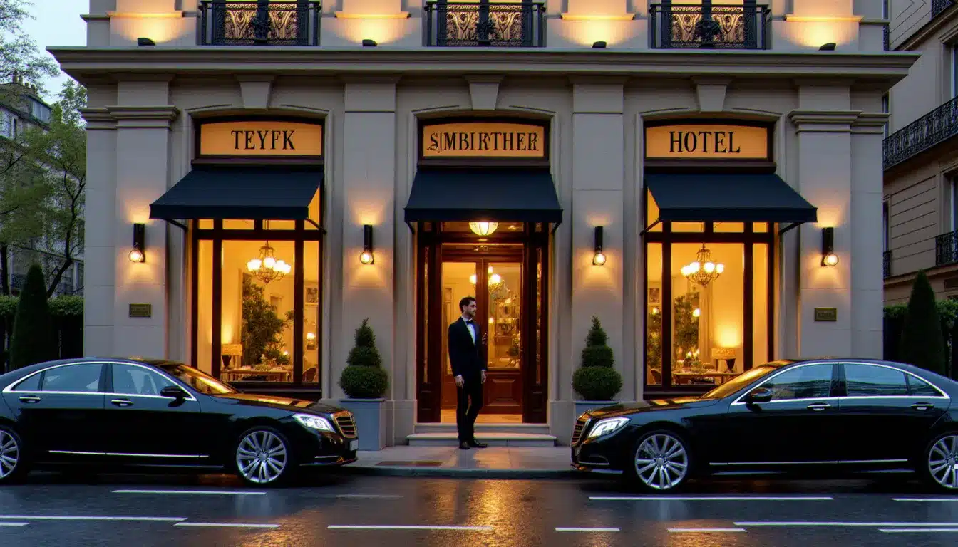 Façade d'un hôtel de luxe parisien au crépuscule évoquant l'univers hôtel Louis Vuitton avec lumières dorées et entrée soignée