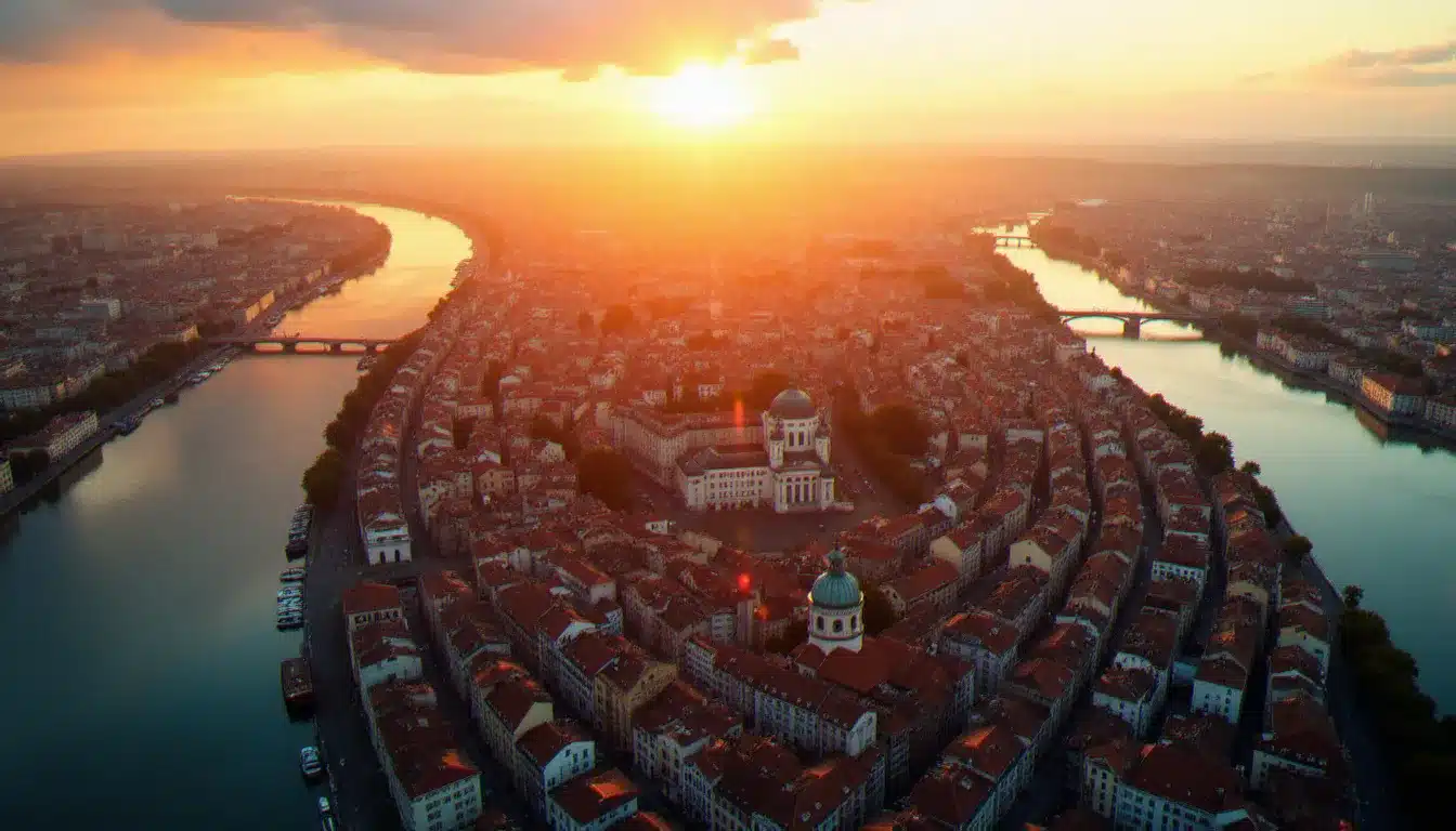 Vue aérienne de la Presqu'île de Lyon au coucher du soleil, entre Rhône et Saône, quartier du 2ᵉ arrondissement où se situe l'hôtel Maison Nô