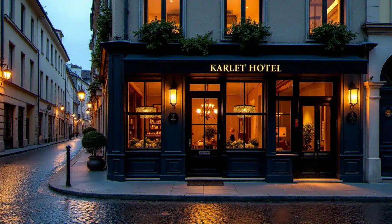 Façade de l'hôtel Maison Nô à Lyon au crépuscule, rue pavée de la Presqu'île avec reflets lumineux, ambiance minimaliste et feutrée illustrant les photos de l'établissement