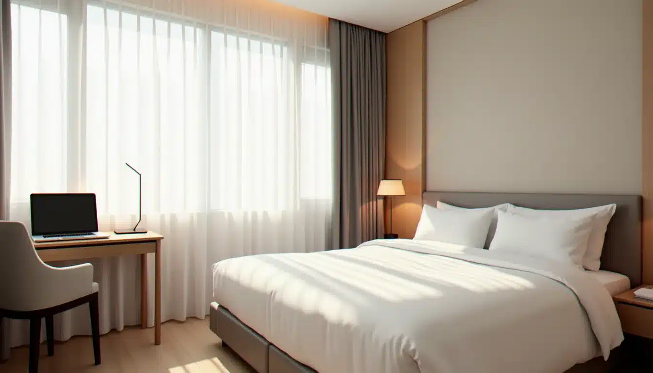 Chambre d'hôtel propre et lumineuse avec bureau de travail, illustrant les critères de confort et d'équipement à vérifier avant réservation