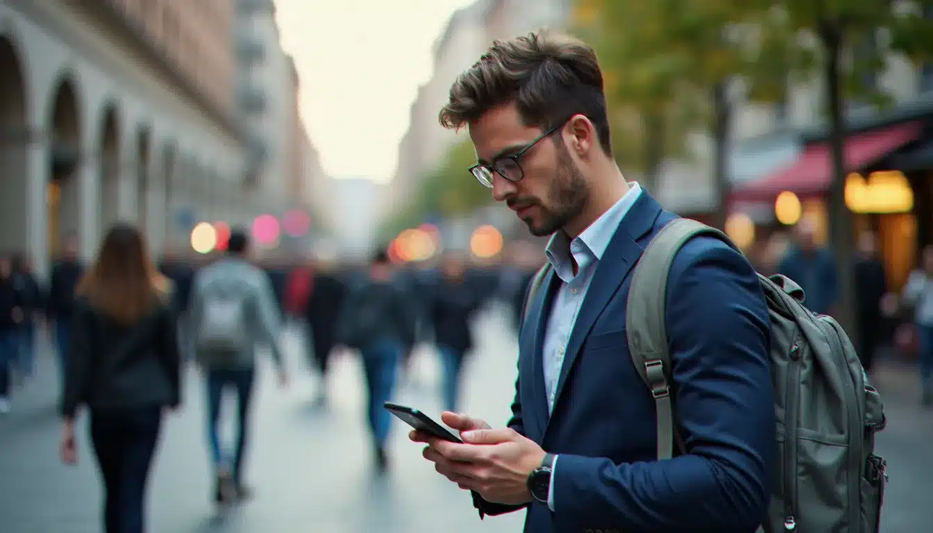 Voyageur cherchant un hôtel proche de lui sur son téléphone dans une rue de ville, illustrant la recherche de meilleur hôtel par géolocalisation