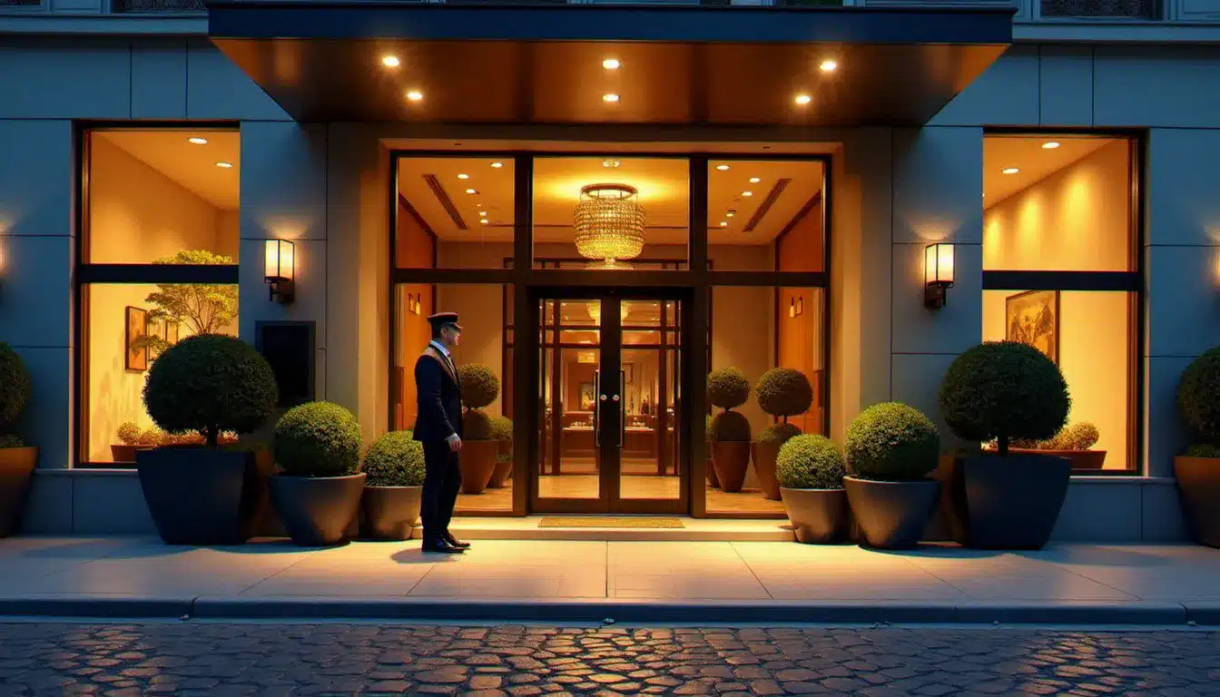 Entrée d'un hôtel en Europe au coucher du soleil, illustrant le choix du meilleur hôtel adapté à chaque voyageur