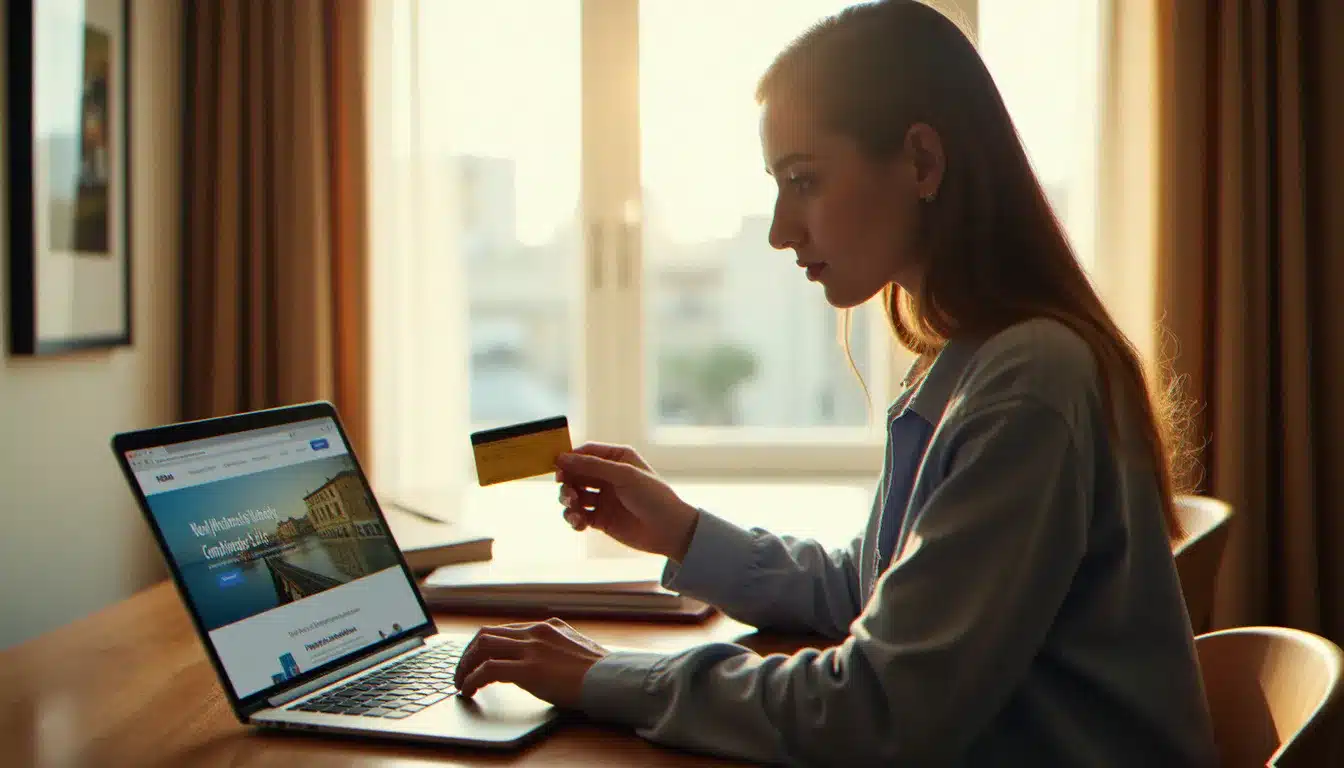 Voyageur comparant les tarifs d'hôtels sur un ordinateur portable pour trouver l'hotel au meilleur tarif