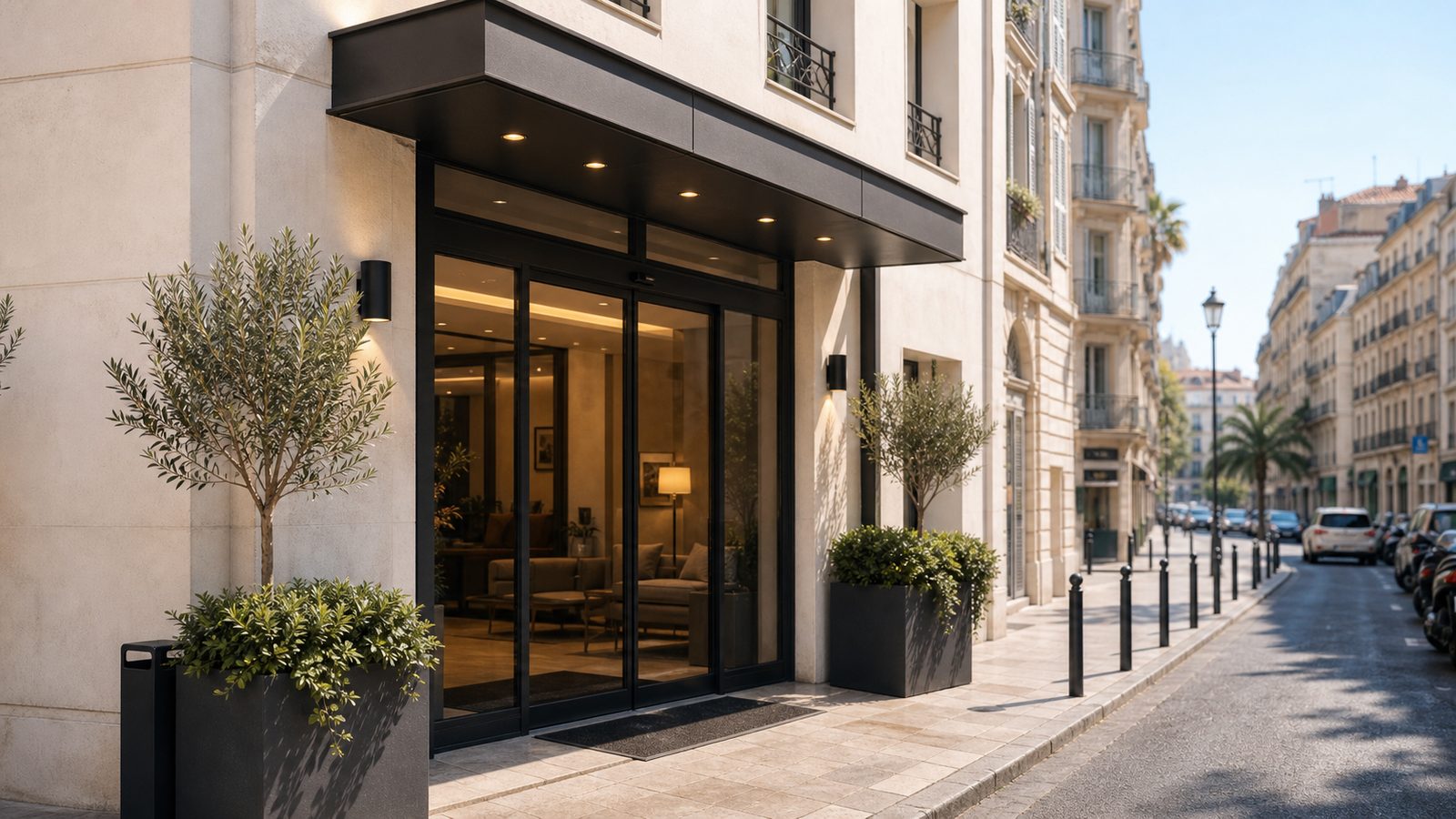 Facade d'hotel claire dans une rue de ville