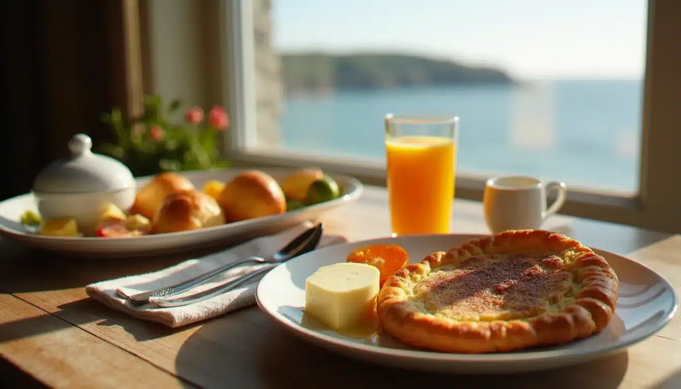 Petit-déjeuner typique dans un hôtel breton avec beurre salé, confitures maison et galettes, servi près d'une fenêtre donnant sur la côte