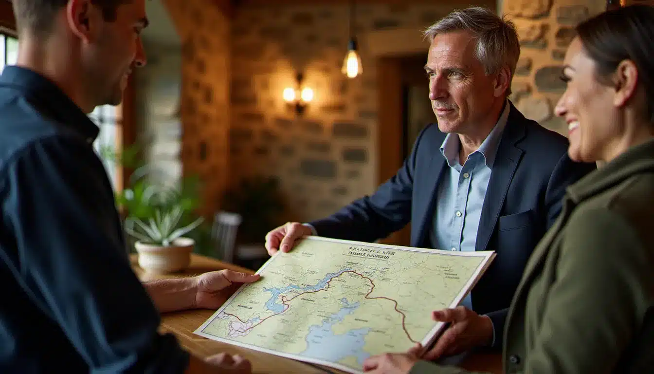 Propriétaire d'un hôtel indépendant breton montrant une carte annotée des sentiers côtiers à des voyageurs à la réception