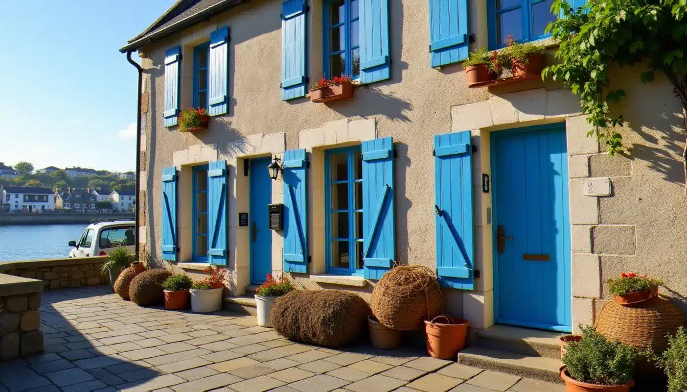 Façade d'un hôtel indépendant breton de bord de mer, fenêtres à volets bleus et port de pêche visible en arrière-plan, illustrant le style des hôtels Pourquoi Pas en Bretagne