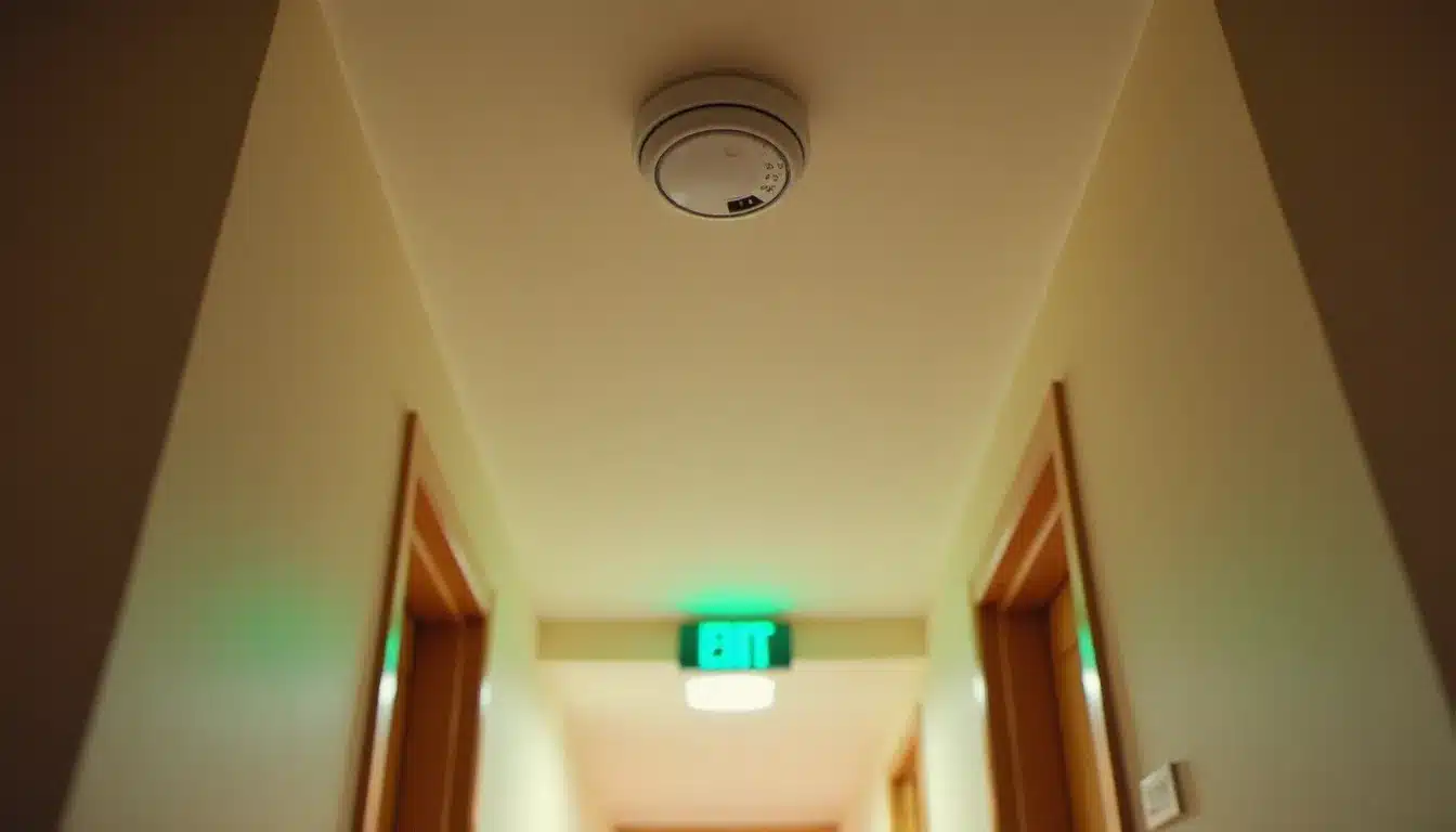 Couloir d'hôtel caraïbe avec détecteur de fumée au plafond et panneau de sortie de secours vert visible au fond du couloir