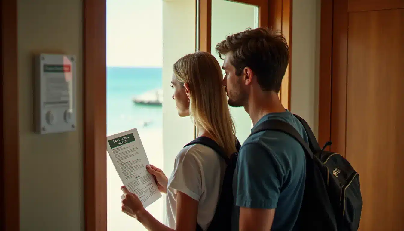 Couple de voyageurs lisant le plan d'évacuation affiché sur la porte de leur chambre d'hôtel en République Dominicaine