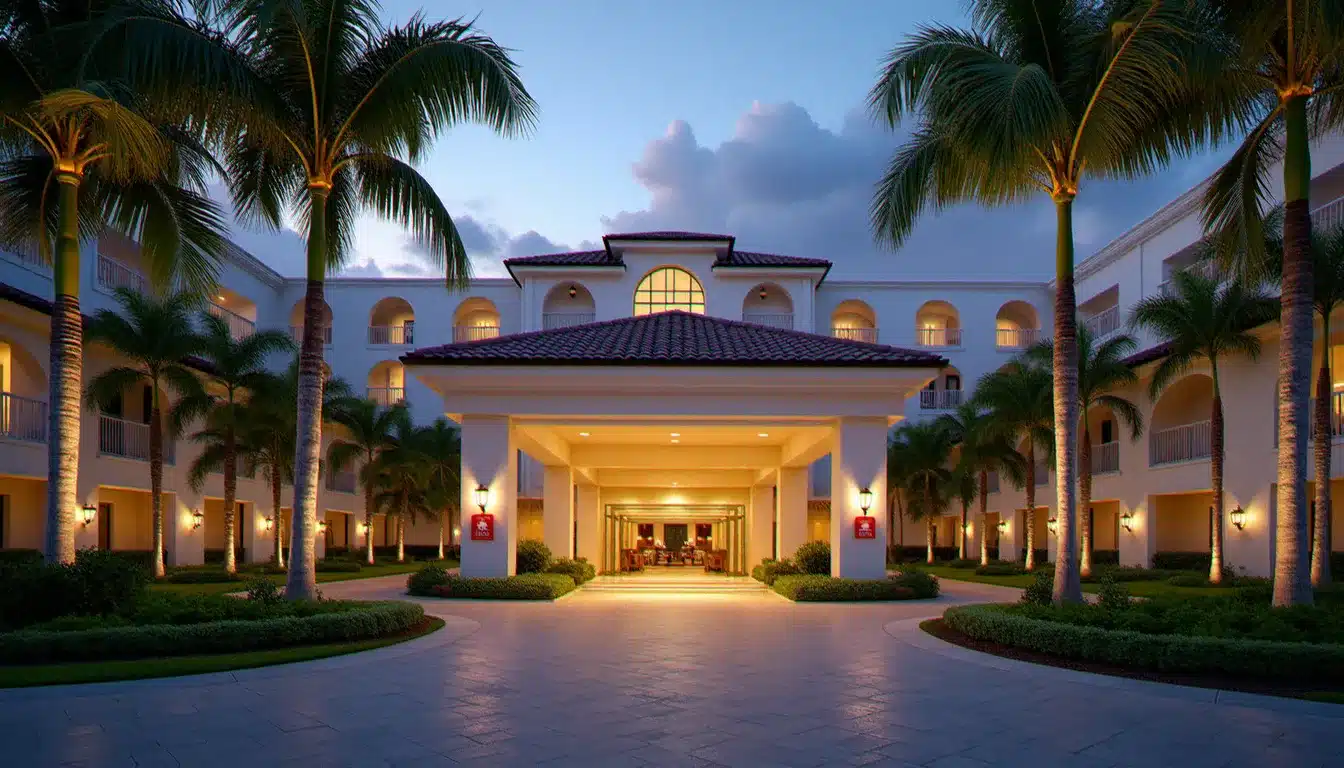 Vue extérieure d'un hôtel de resort en République Dominicaine avec signalétique de sécurité visible à l'entrée, entouré de palmiers au coucher du soleil