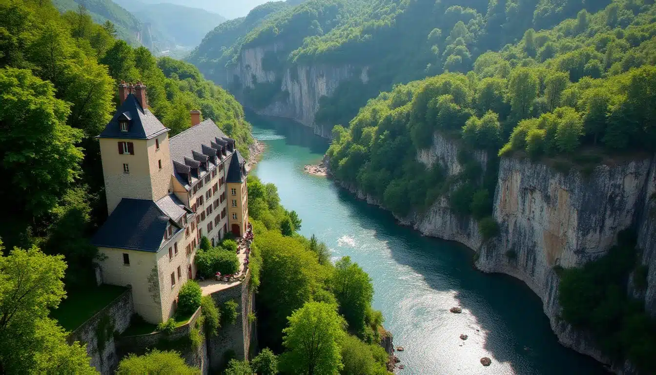 Vue aérienne d'un village français encaissé entre falaises calcaires et rivière, avec un hôtel de caractère visible au bord de l'eau