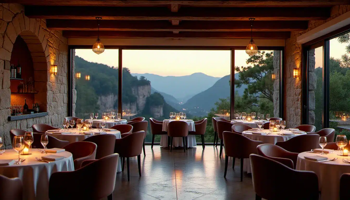 Salle de restaurant gastronomique avec vue panoramique sur un paysage rocheux boisé, tables dressées en lin blanc et lumière tamisée en soirée