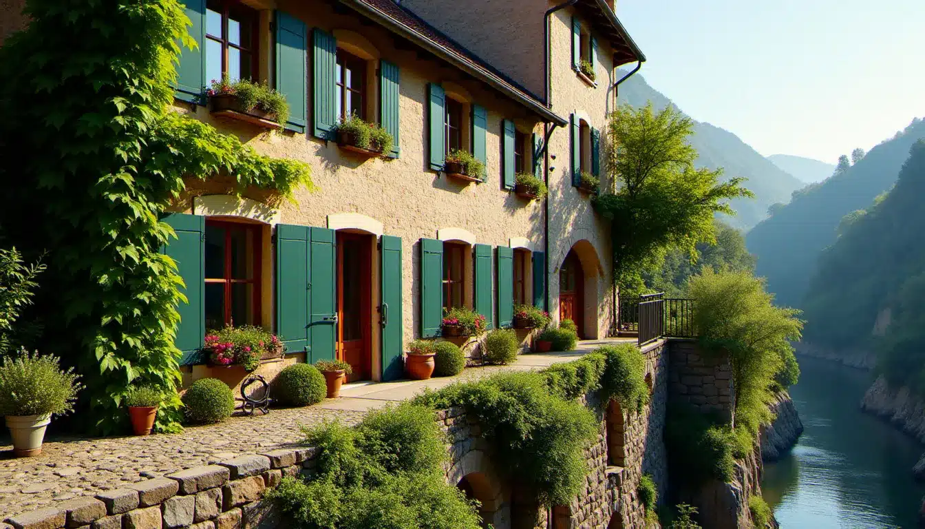 Façade en pierre d'un hôtel restaurant des roches traditionnel implanté sur un promontoire rocheux en France, lumière de fin d'après-midi