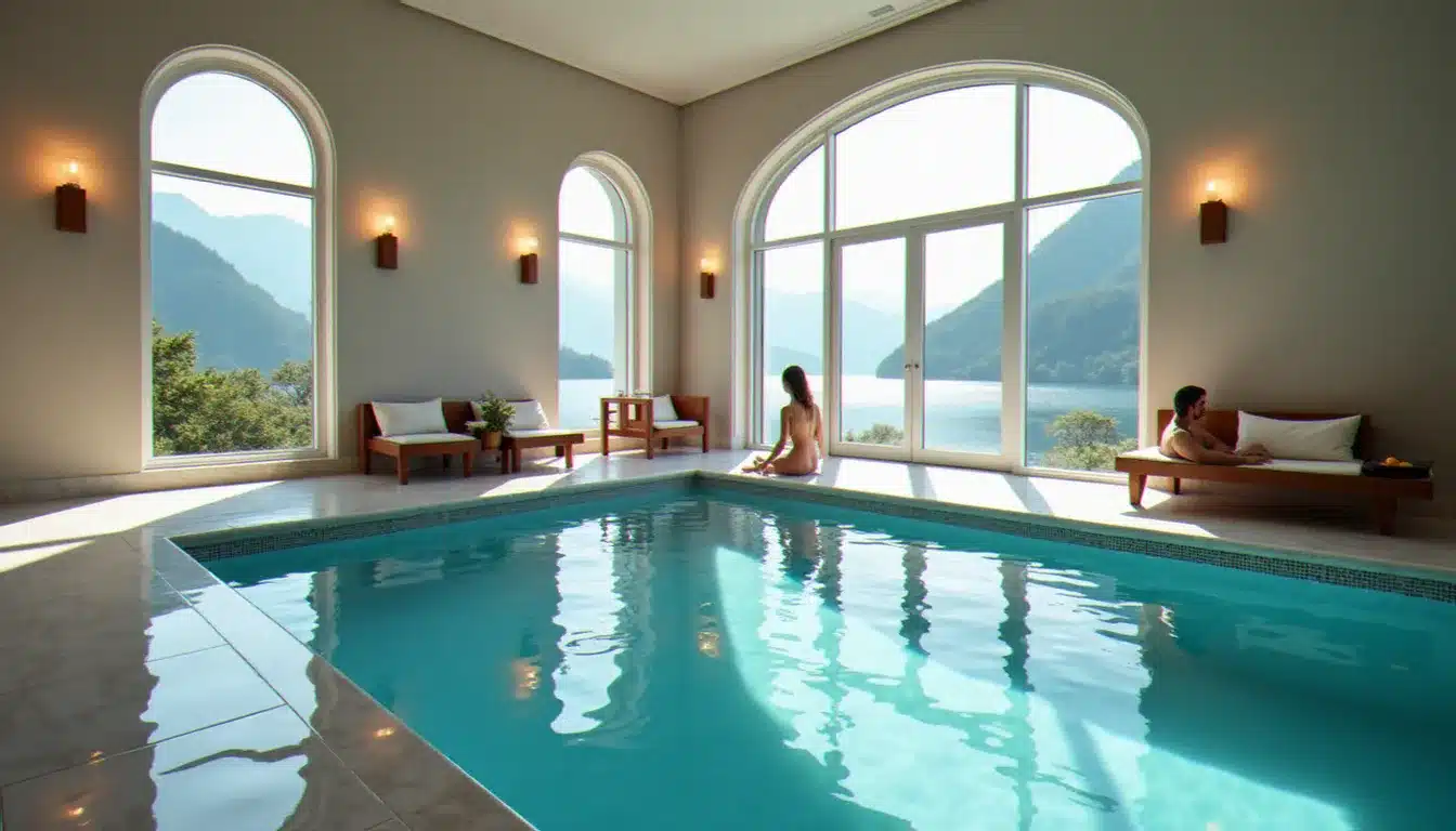 Spa de l'hôtel Royal Evian avec piscine aux eaux minérales et baies vitrées offrant une vue sur le lac Léman
