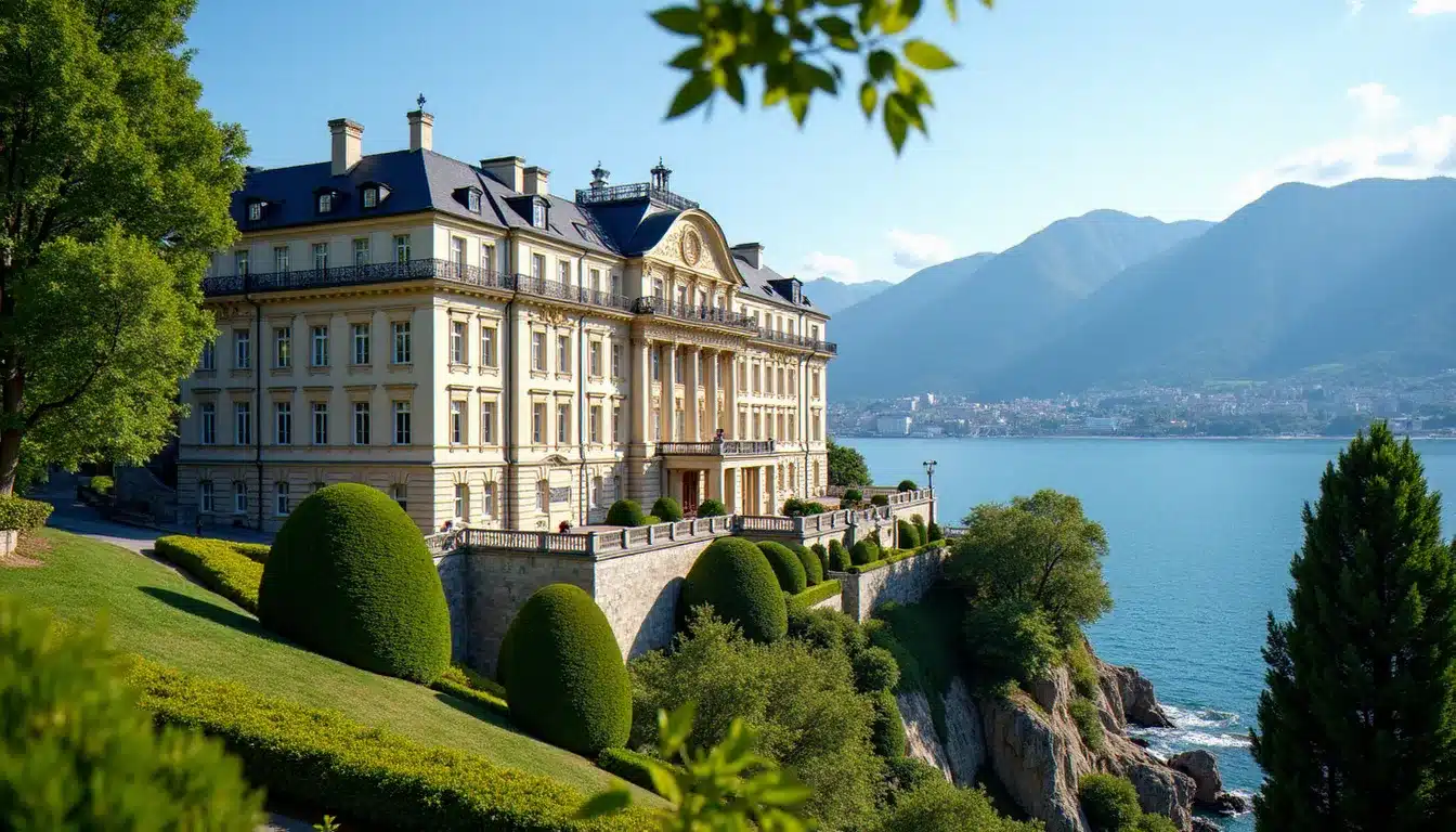 Façade Belle Époque de l'hôtel Royal Evian surplombant le lac Léman depuis son parc verdoyant en été
