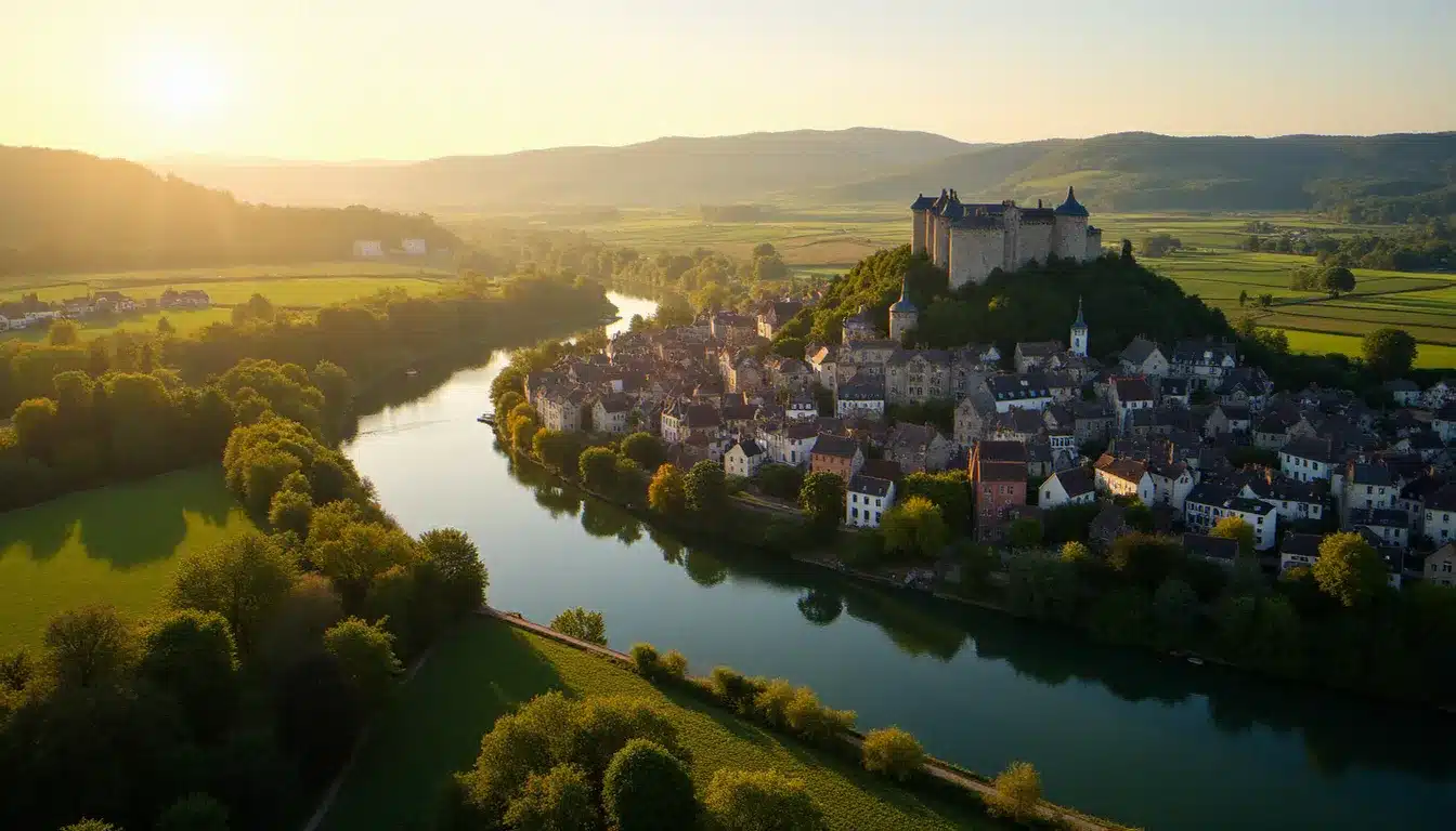 Vue aérienne de Chinon et de sa forteresse royale dominant la Vienne, point de départ idéal depuis l'hôtel Sans Souci Chinon