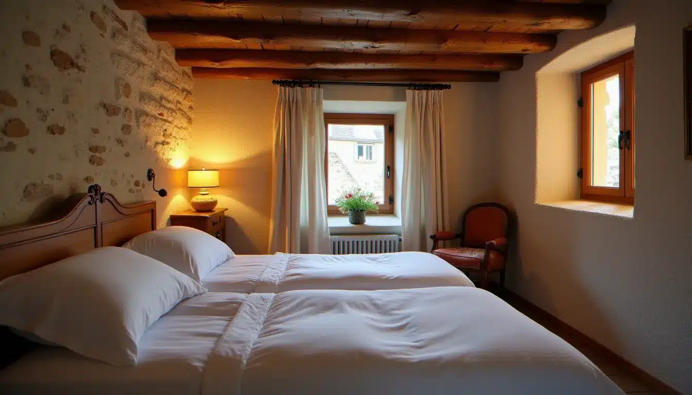 Chambre d'hôtel en pierre avec poutres apparentes et lit en lin blanc, style typique d'un hébergement de caractère à Chinon
