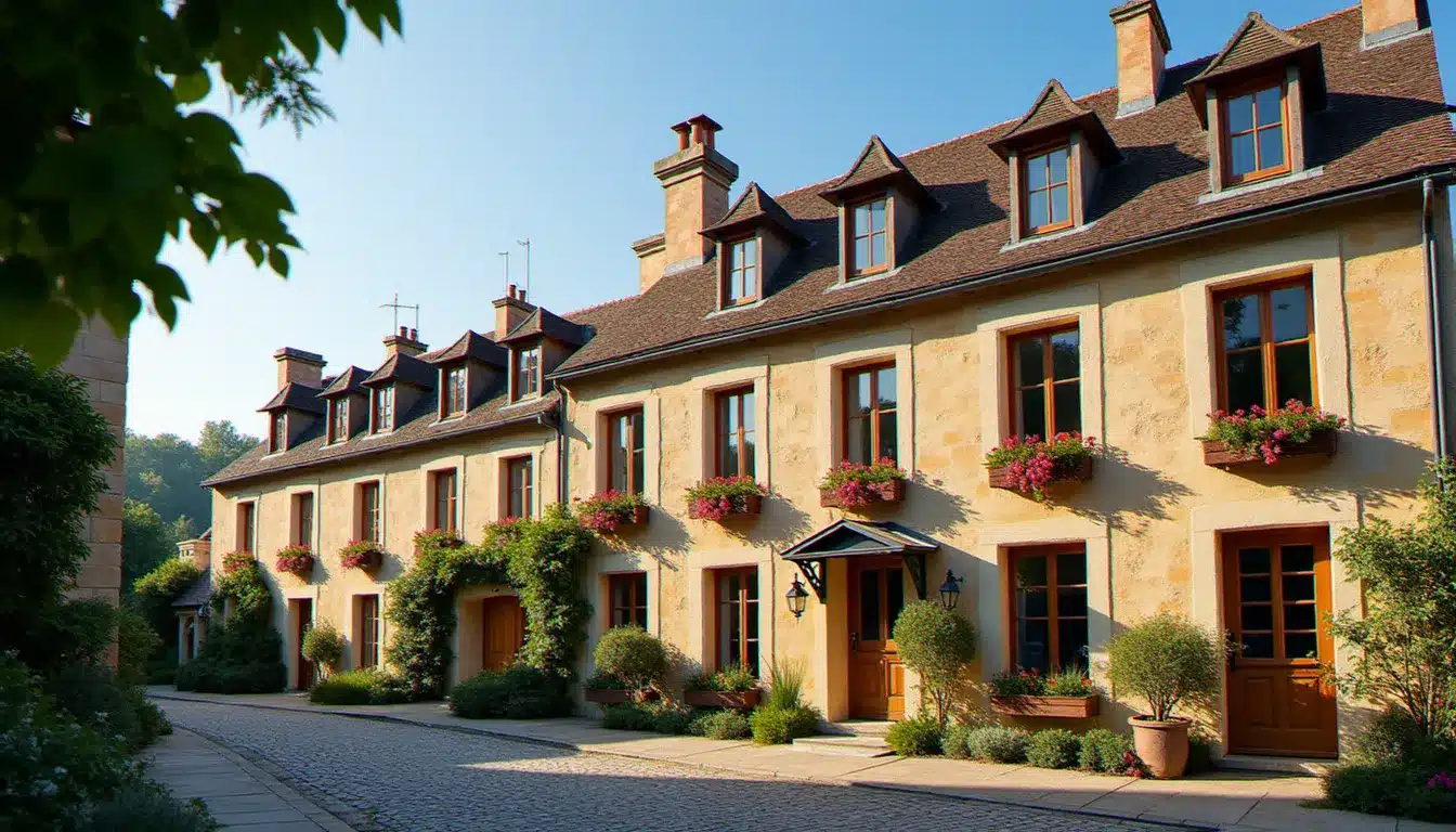 Façade en tuffeau d'un hôtel de caractère dans le centre historique de Chinon, Val de Loire, évoquant l'hôtel Sans Souci Chinon