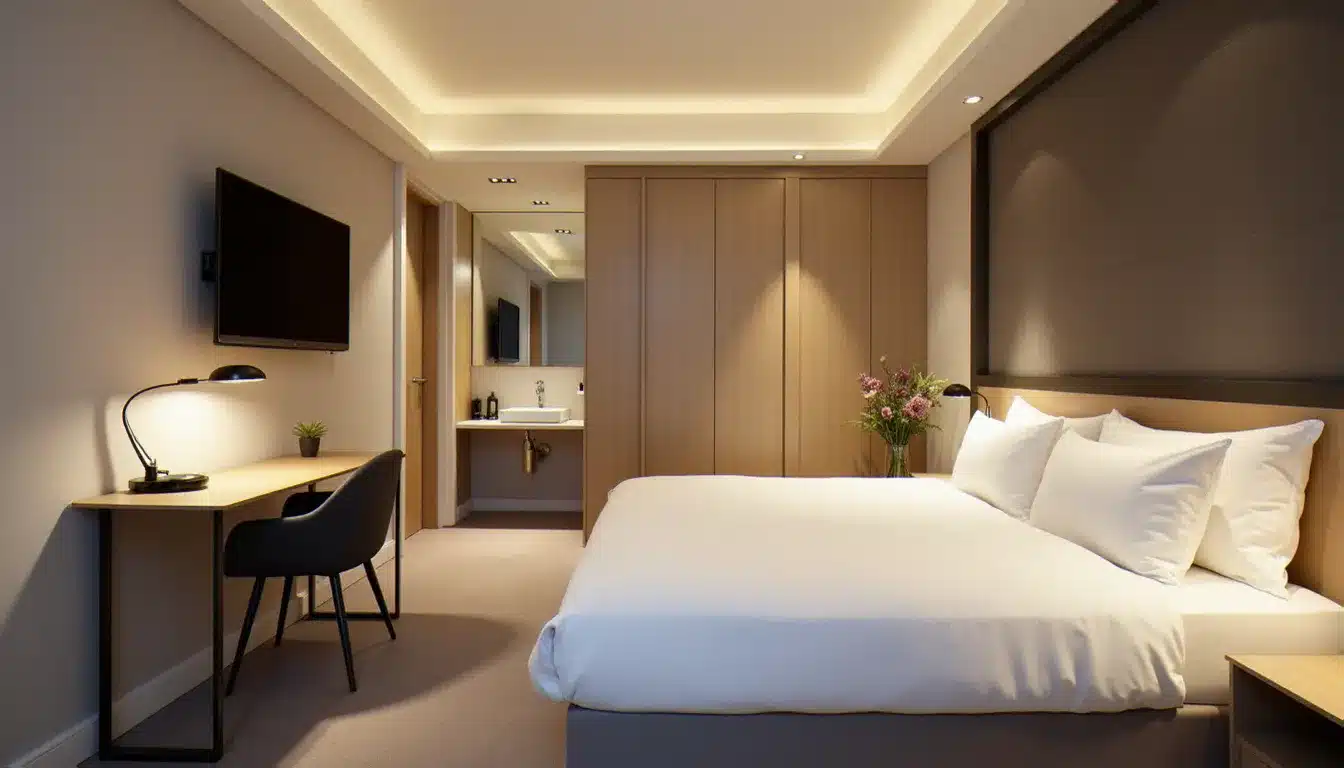 Chambre double moderne et épurée dans un hôtel parisien de catégorie intermédiaire, avec literie blanche, bureau compact et éclairage chaleureux