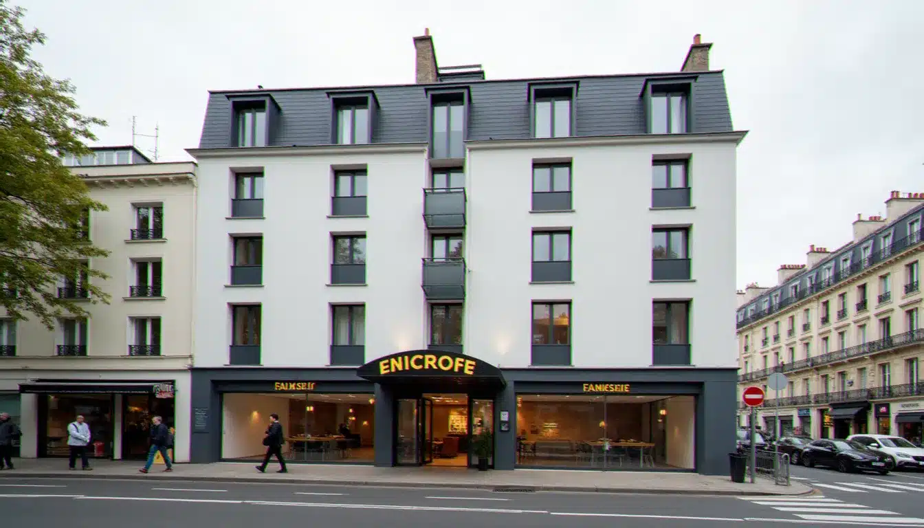 Façade de l'hôtel Sanso by Happyculture au 15 rue de Tolbiac dans le 13e arrondissement de Paris, vue depuis le trottoir en journée