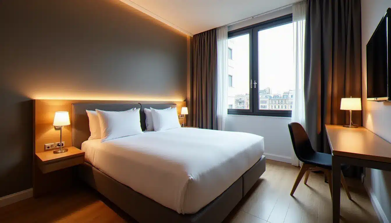 Chambre moderne et soignée d'un hôtel parisien trois étoiles, avec literie blanche et mobilier contemporain représentatif du concept Sanso