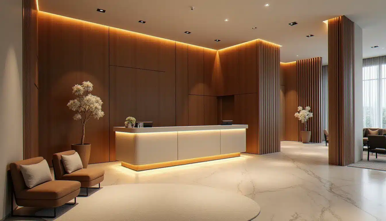 Lobby moderne de l'hôtel Sanso by Happyculture dans le 13ème arrondissement de Paris, avec un design contemporain épuré