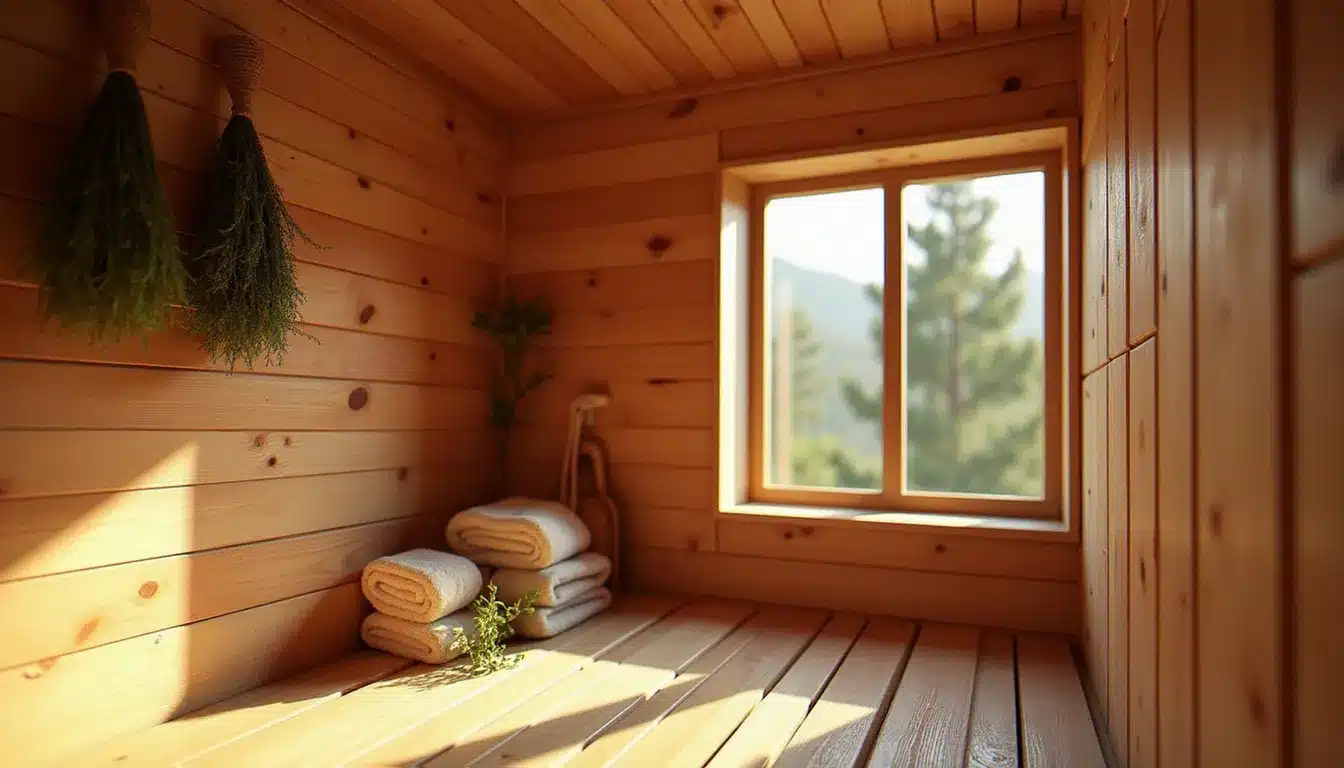 Espace spa et sauna en bois d'un hôtel naturel autrichien avec herbes alpines, illustrant le concept bien-être du Naturel Hotel Seeleitn
