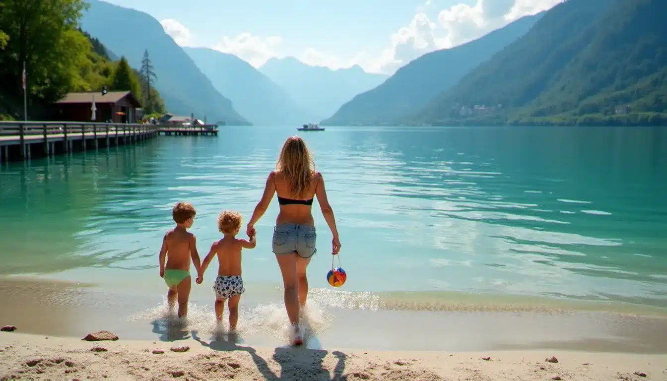 Famille se baignant depuis la plage privée d'un hôtel au bord du Millstätter See en Carinthie, avec vue sur les Alpes autrichiennes