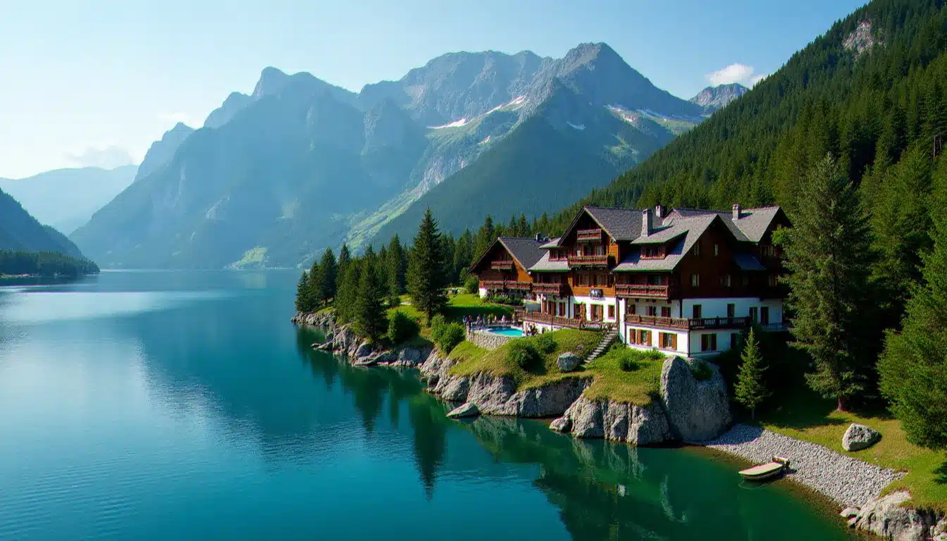 Vue aérienne du Naturel Hotel Seeleitn au bord du Millstätter See en Carinthie, entouré de forêts alpines et de montagnes