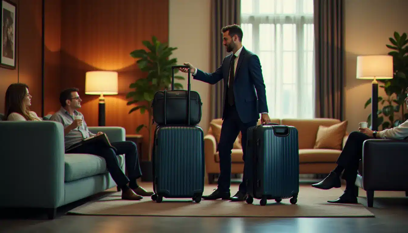 Consigne à bagages d'un hôtel pendant le passage général, avec valises étiquetées déposées avant le check-in ou après le check-out